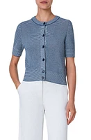 Akris punto Stripe Short Sleeve Wool Mesh Stitch Cardigan in Navy-Cream at Nordstrom, Size 6