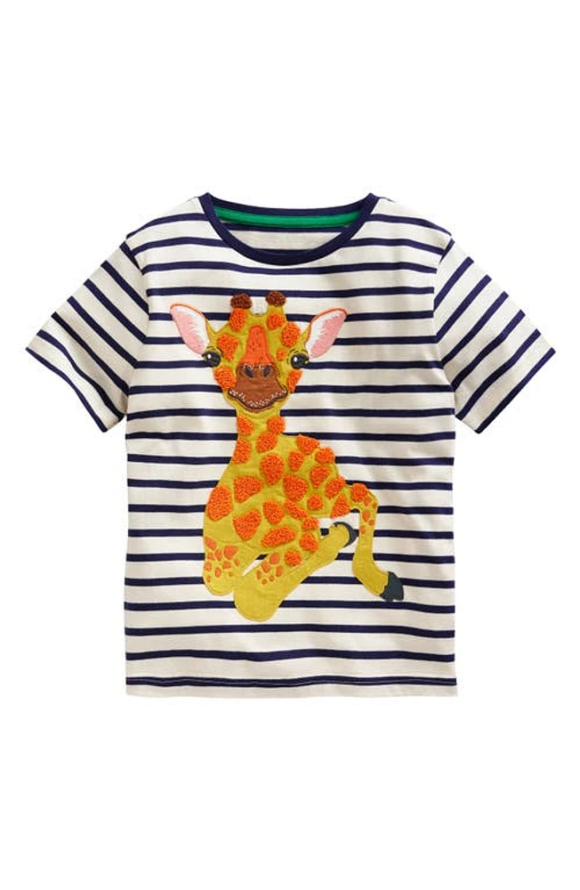 Mini Boden Kids' Stripe Giraffe Appliqué Cotton T-Shirt College Navy/Ivory at Nordstrom,