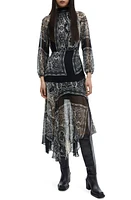 MANGO Paisley Patchwork Long Sleeve Midi Dress Black at Nordstrom,