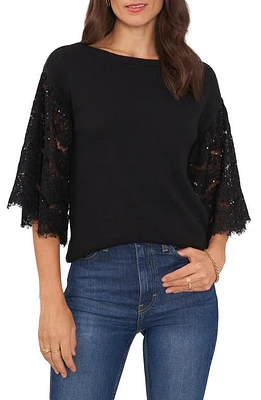 Vince Camuto Sequin Lace Sleeve Mixed Media Sweater in Rich Black at Nordstrom, Size Small