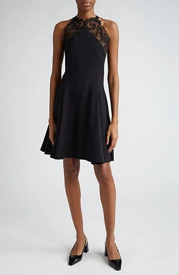 Versace Barocco Lace Halter Neck Open Back Satin Cocktail Minidress in Black at Nordstrom, Size 10 Us