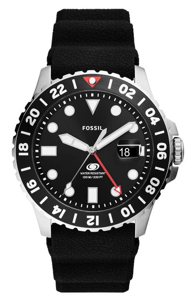 Fossil Blue GMT Silicone Strap Watch, 46mm in Black at Nordstrom