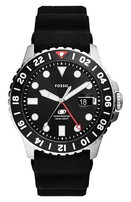 Fossil Blue GMT Silicone Strap Watch, 46mm in Black at Nordstrom