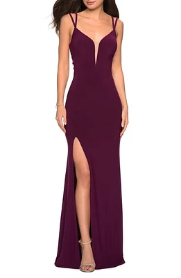 La Femme Strappy Back Jersey Column Gown Dark Berry at Nordstrom,