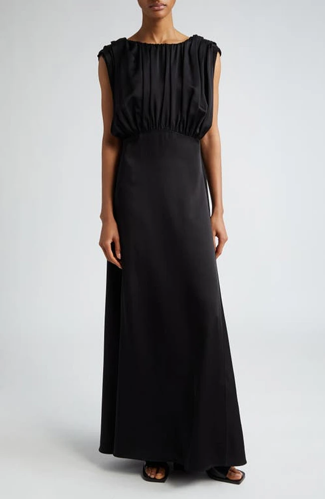 Jil Sander Gathered Cap Sleeve Satin Gown 001 Black at Nordstrom, Us