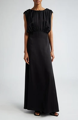 Jil Sander Gathered Cap Sleeve Satin Gown 001 Black at Nordstrom, Us