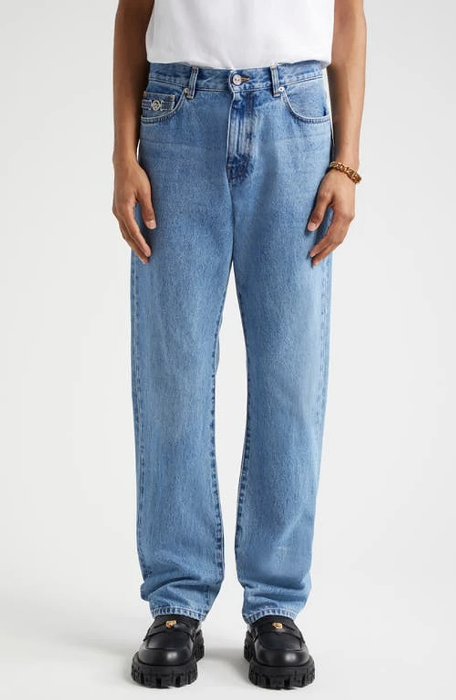 Versace Regular Fit Medusa Biggie Detail Jeans Faded Light Blue at Nordstrom,