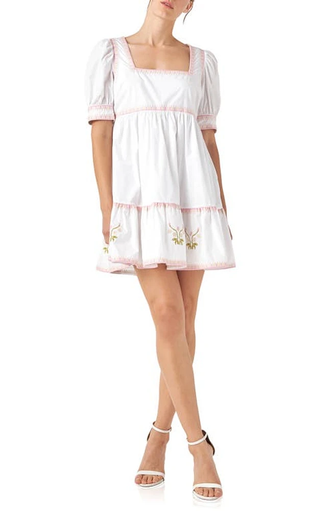 English Factory Embroidered Puff Sleeve Cotton Babydoll Dress in Ivory/Pink at Nordstrom, Size X-Small