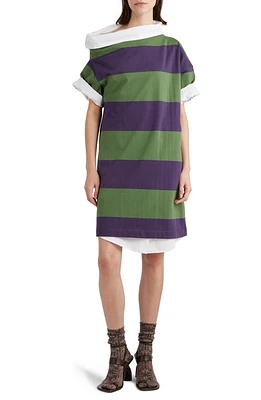 Dries Van Noten Rugby Stripe Asymmetric Short Sleeve Sweatshirt Dress Dark Purple at Nordstrom,