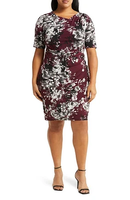 Connected Apparel Floral Faux Wrap Dress Burgundy at Nordstrom,