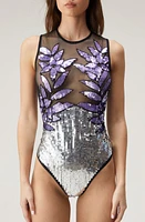 NASTY GAL Floral Sequin Mesh Bodysuit Purple at Nordstrom,