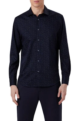 Bugatchi Axel Shaped Fit Abstract Print Performance Button-Up Shirt Night Blue at Nordstrom,