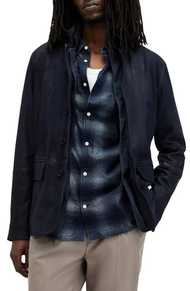 AllSaints Survey Leather & Wool Blend Layered Jacket Mcway Blue at Nordstrom,