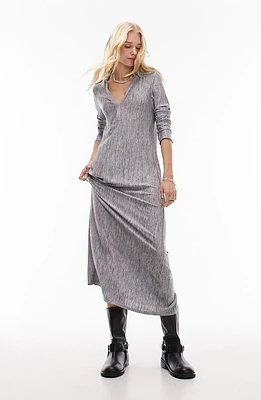 Topshop Split Neck Long Sleeve Midi Dress Grey at Nordstrom,