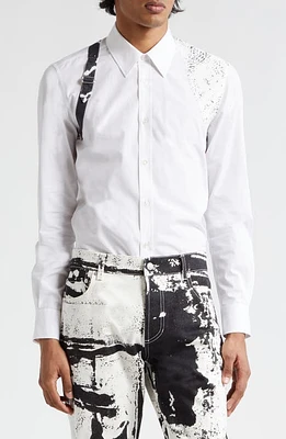 Alexander McQueen Harness Fold Print Cotton Poplin Button-Up Shirt in Opticalwhite at Nordstrom, Size 15.5