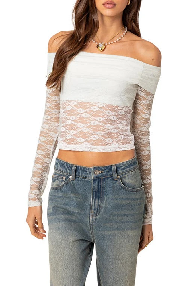 EDIKTED Elysia Lace Off the Shoulder Crop Top White at Nordstrom,