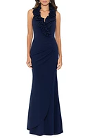 Xscape Evenings Ruffle Neck Scuba Crepe Mermaid Gown Navy at Nordstrom,