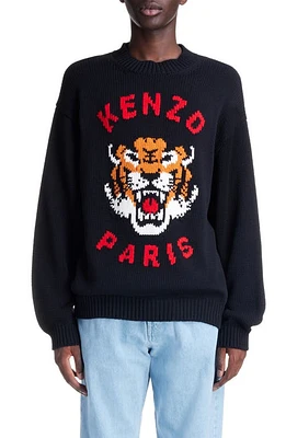 KENZO Lucky Tiger Cotton Blend Crewneck Sweater Black at Nordstrom,