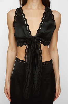 NASTY GAL Scallop Cutwork Tie Front Crop Tank Black at Nordstrom,