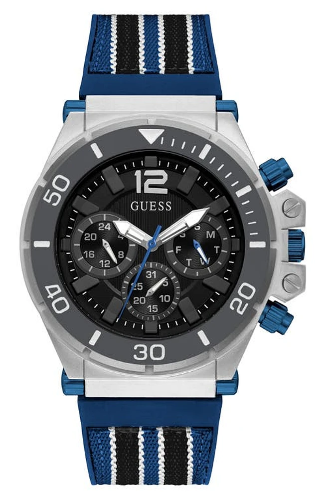 GUESS Multifunction Nylon and Silicone Strap Watch, 48mm in Blue at Nordstrom