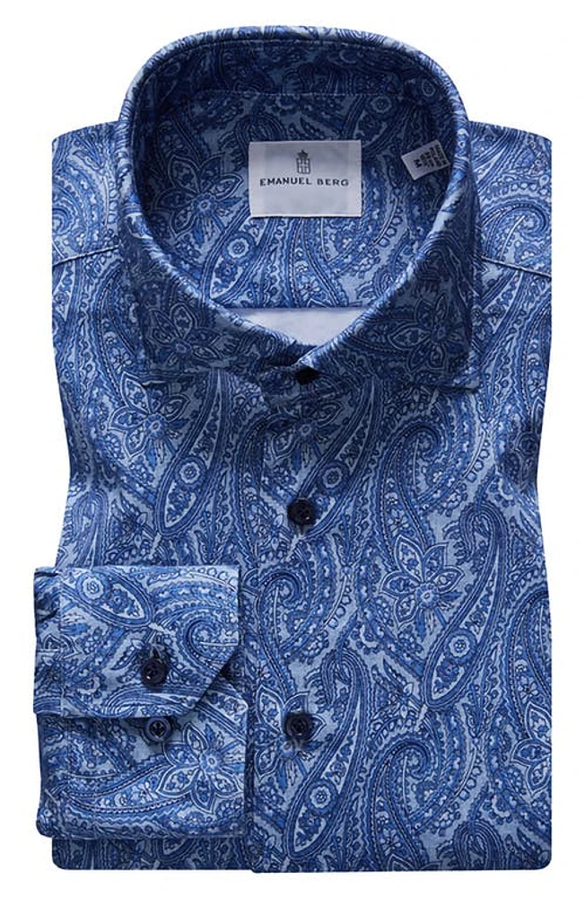 Emanuel Berg 4Flex Modern Fit Paisley Knit Button-Up Shirt Medium Blue at