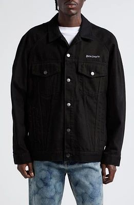 Palm Angels Embroidered Logo Denim Jacket Black White at Nordstrom,