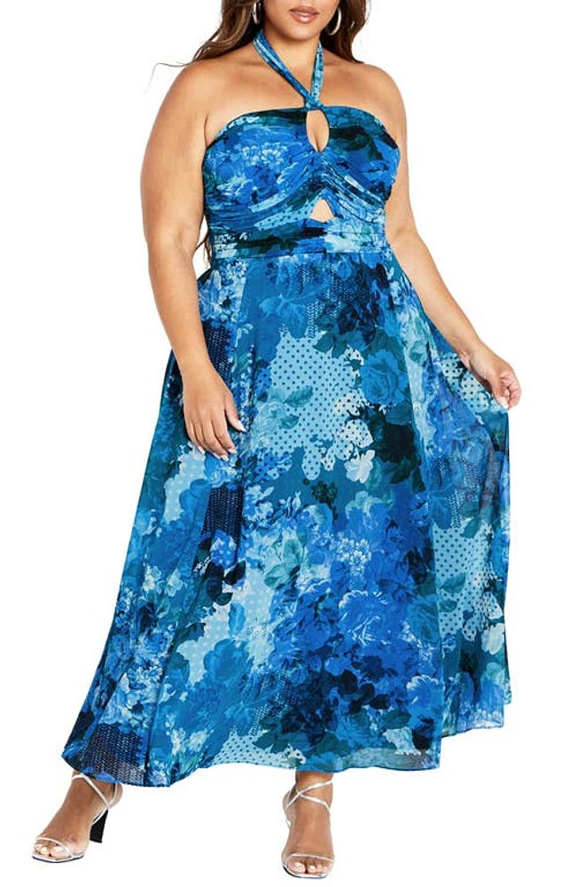 City Chic Everlee Floral Print Halter Dress Blue Beauty at Nordstrom,