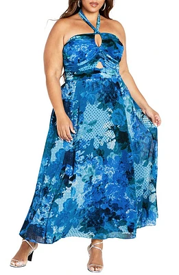 City Chic Everlee Floral Print Halter Dress Blue Beauty at Nordstrom,