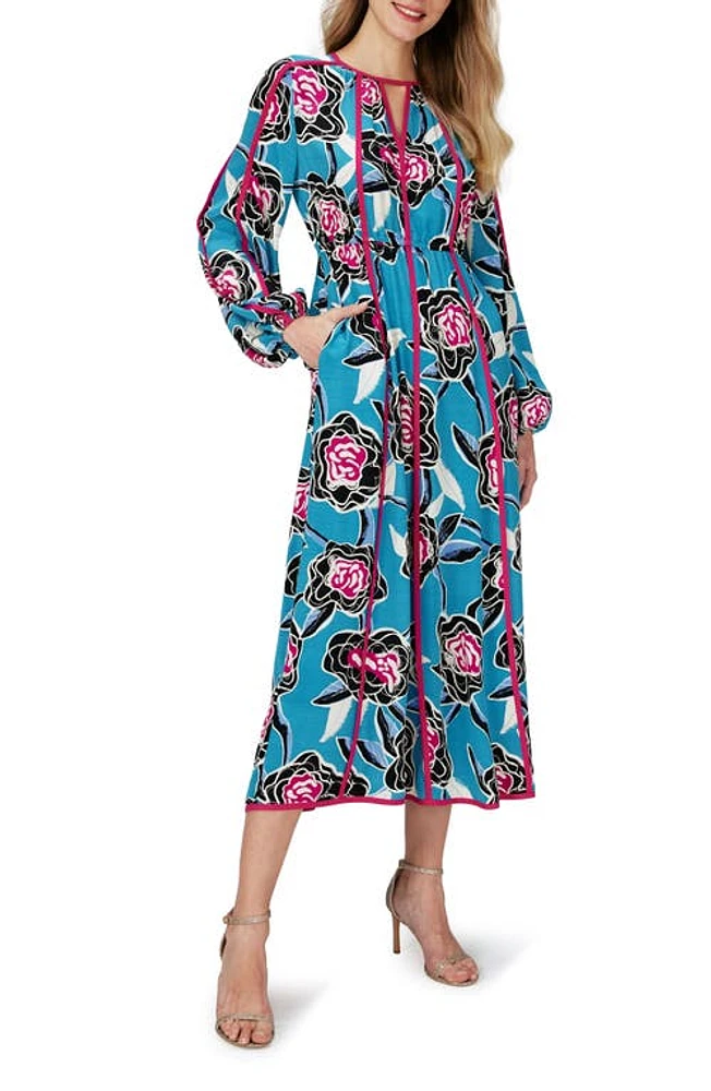 DVF Scott Floral Long Sleeve Midi Dress Oracle Rose Lg Barrier Reef at Nordstrom,