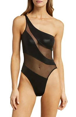 Norma Kamali Snake Mesh Inset One-Shoulder One-Piece Swimsuit Black/Black at Nordstrom,