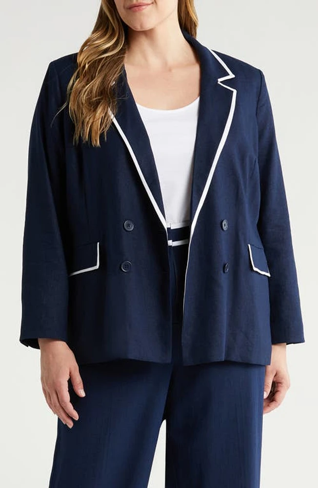 halogen(r) Piped Double Breasted Linen Blend Blazer Classic Navy Blue at Nordstrom,