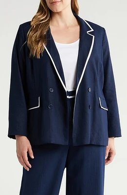 halogen(r) Piped Double Breasted Linen Blend Blazer Classic Navy Blue at Nordstrom,