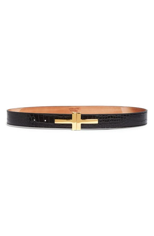 TOM FORD Double T Croc Embossed Calfskin Leather Belt Black at Nordstrom,