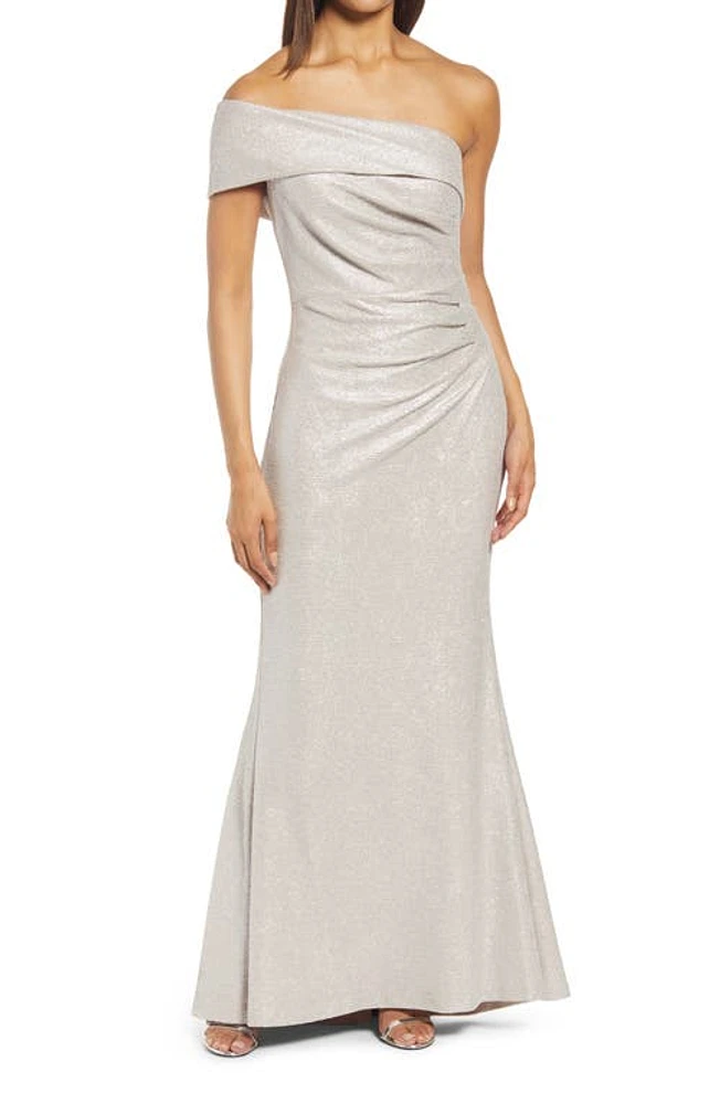 Eliza J One-Shoulder Glitter Mermaid Gown Beige at Nordstrom,