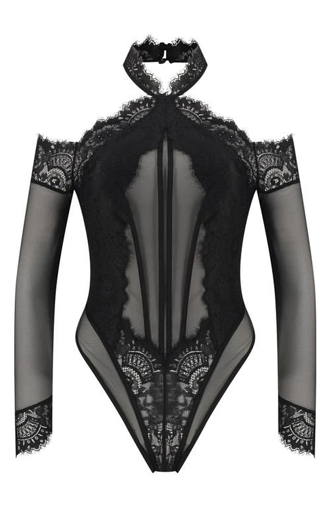 Hunkemöller Jenni Long Sleeve Lace & Mesh Bodysuit Caviar at Nordstrom,