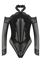 Hunkemöller Jenni Long Sleeve Lace & Mesh Bodysuit Caviar at Nordstrom,