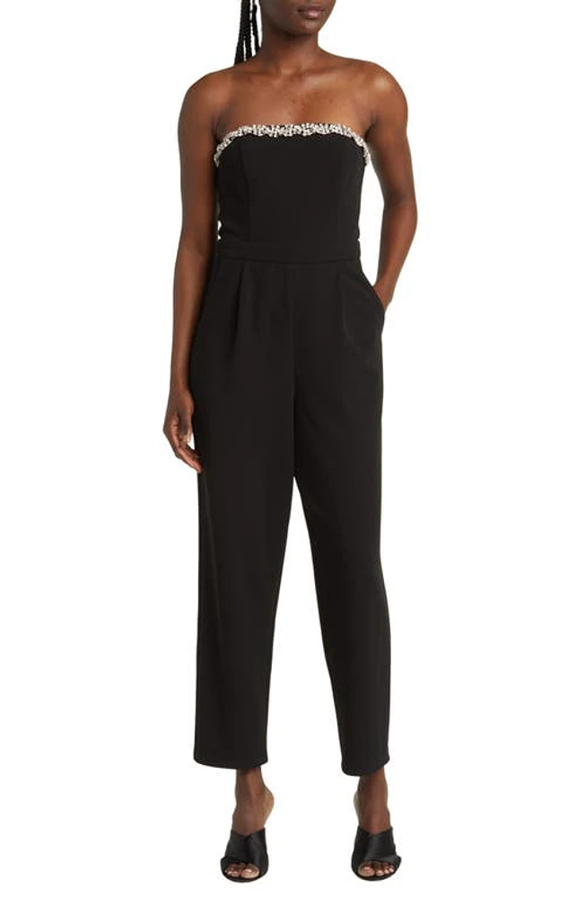 Lulus Fabulous Time Rhinestone Detail Strapless Jumpsuit Black at Nordstrom,