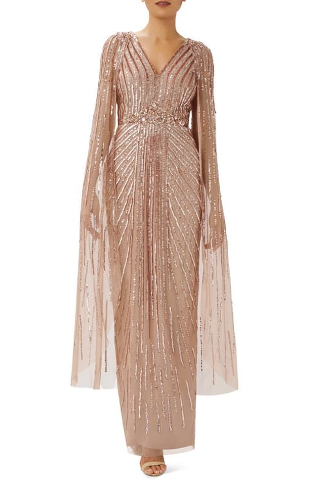 Nordstrom Adrianna Papell Beaded Sequin Long Sleeve Cape Overlay Column Gown  Rose Gold at Nordstrom, | The Summit