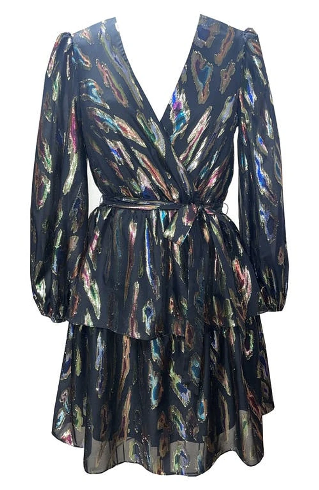 Julia Jordan Metallic Long Sleeve Faux Wrap Minidress Black Multi at Nordstrom,