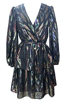 Julia Jordan Metallic Long Sleeve Faux Wrap Minidress Black Multi at Nordstrom,