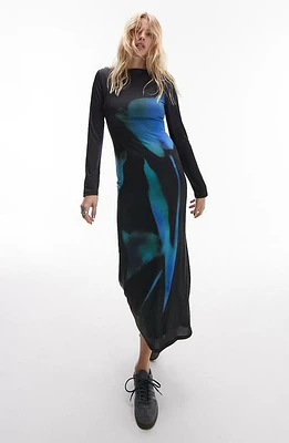 Topshop Floral Long Sleeve Midi Dress Black/Blue Multi at Nordstrom,