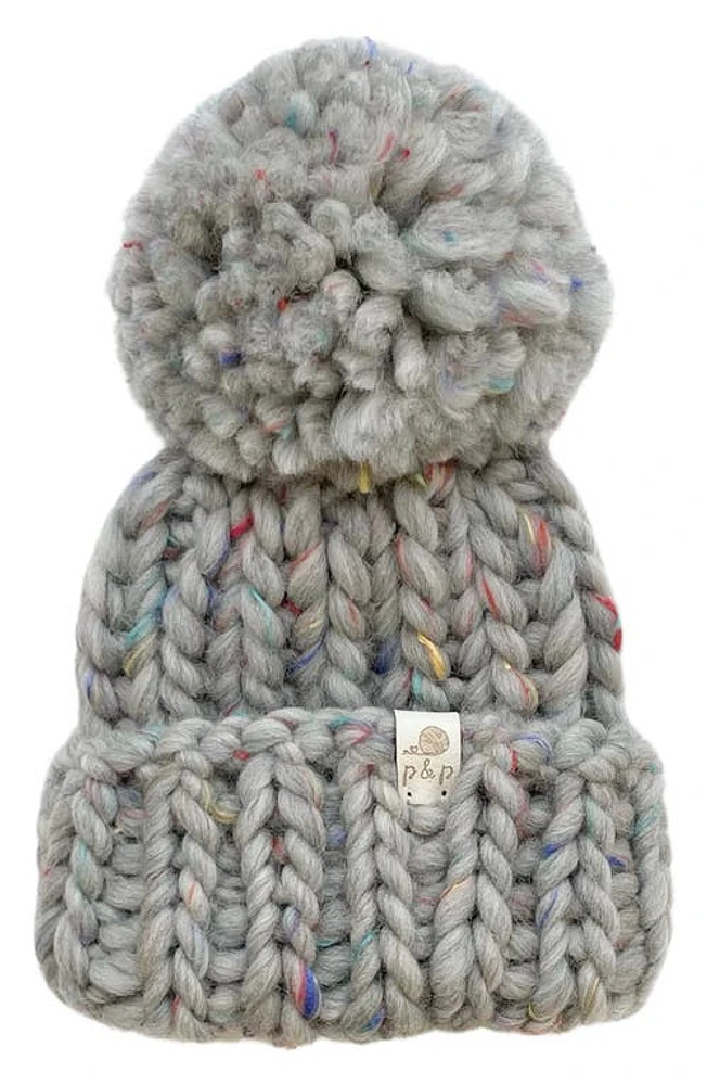 PINE + POPPY Denali Wool Blend Pompom Hat in Rainbow Grey at Nordstrom