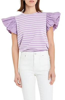 English Factory Mixed Media Stripe Ruffle Sleeve Top at Nordstrom,