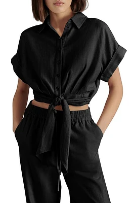 Steve Madden Tori Tie Front Linen Blend Button-Up Shirt Black at Nordstrom,