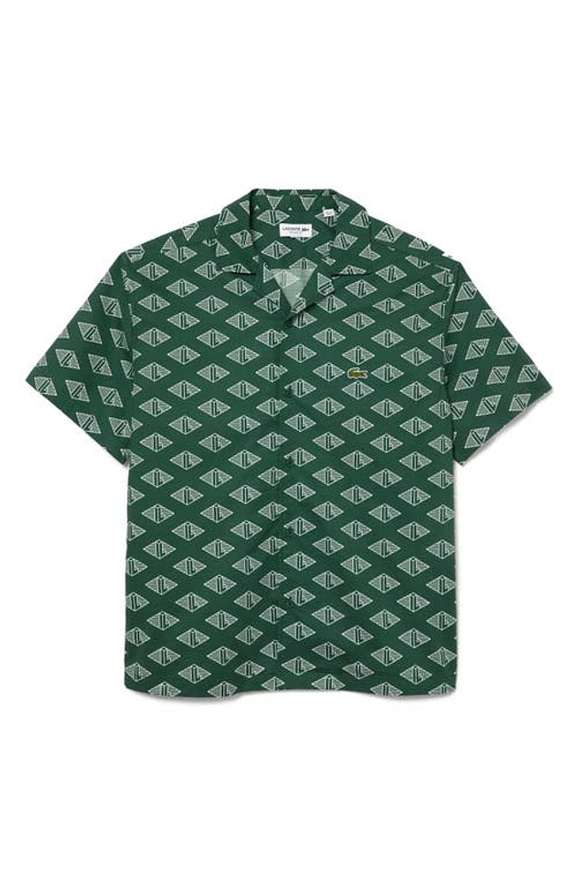 Lacoste Relaxed Fit Logo Print Short Sleeve Button-Up Camp Shirt in Green/Flour at Nordstrom, Size 16.5