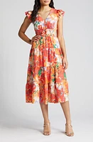 Vince Camuto Floral Print Tiered Ruffle Sleeve Midi Dress in Orange Multi at Nordstrom, Size 8