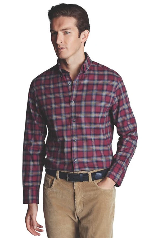 Charles Tyrwhitt Slim Fit Button-Down Collar Brushed Flannel Check Shirt Dark Red at Nordstrom,