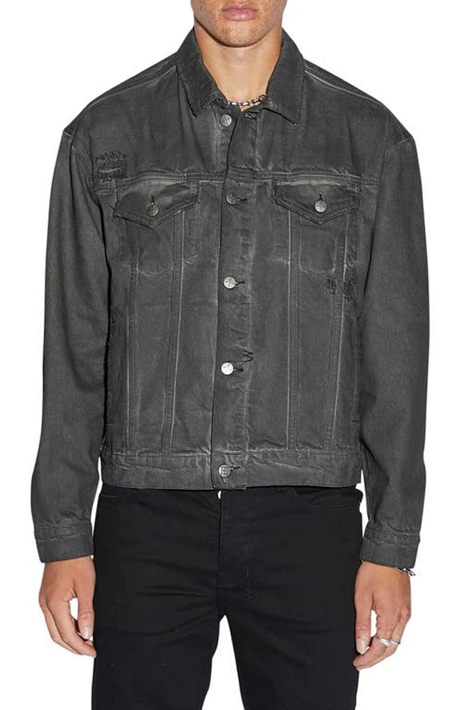 Ksubi Oh G Oil Slick Rip & Repair Denim Trucker Jacket Black at Nordstrom,