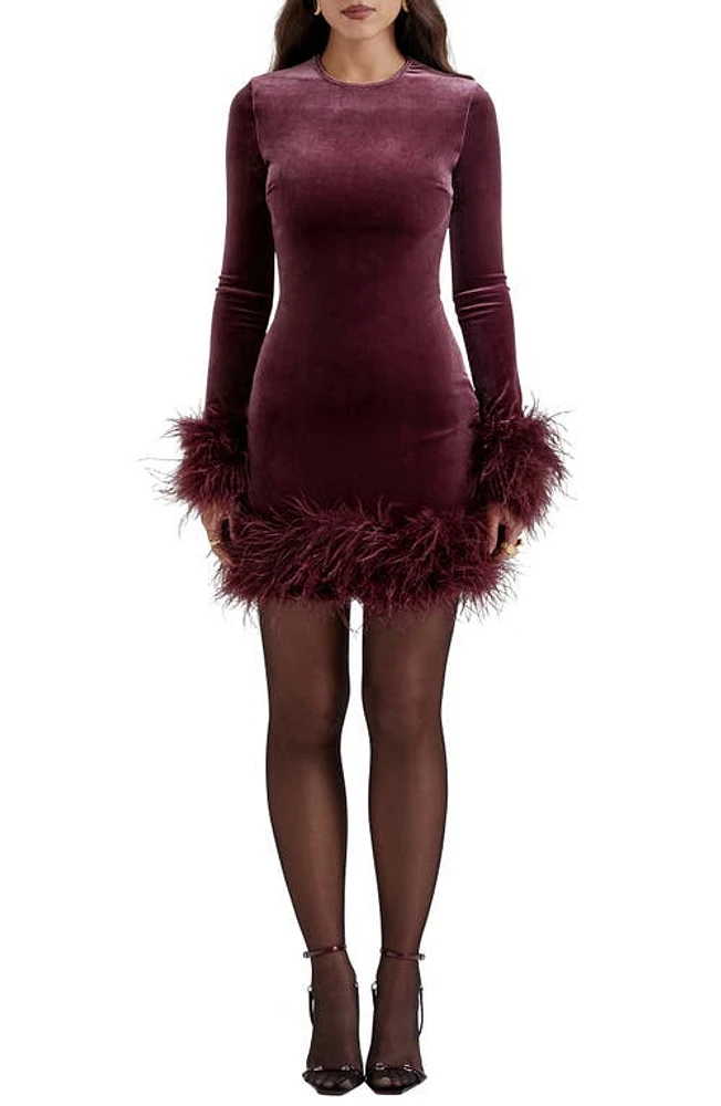 HOUSE OF CB Lavinia Feather Trim Long Sleeve Velvet Body-Con Cocktail Minidress Mulberry at Nordstrom,