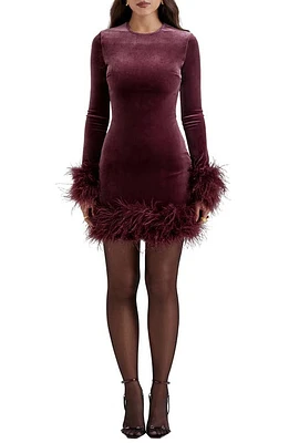 HOUSE OF CB Lavinia Feather Trim Long Sleeve Velvet Body-Con Cocktail Minidress Mulberry at Nordstrom,